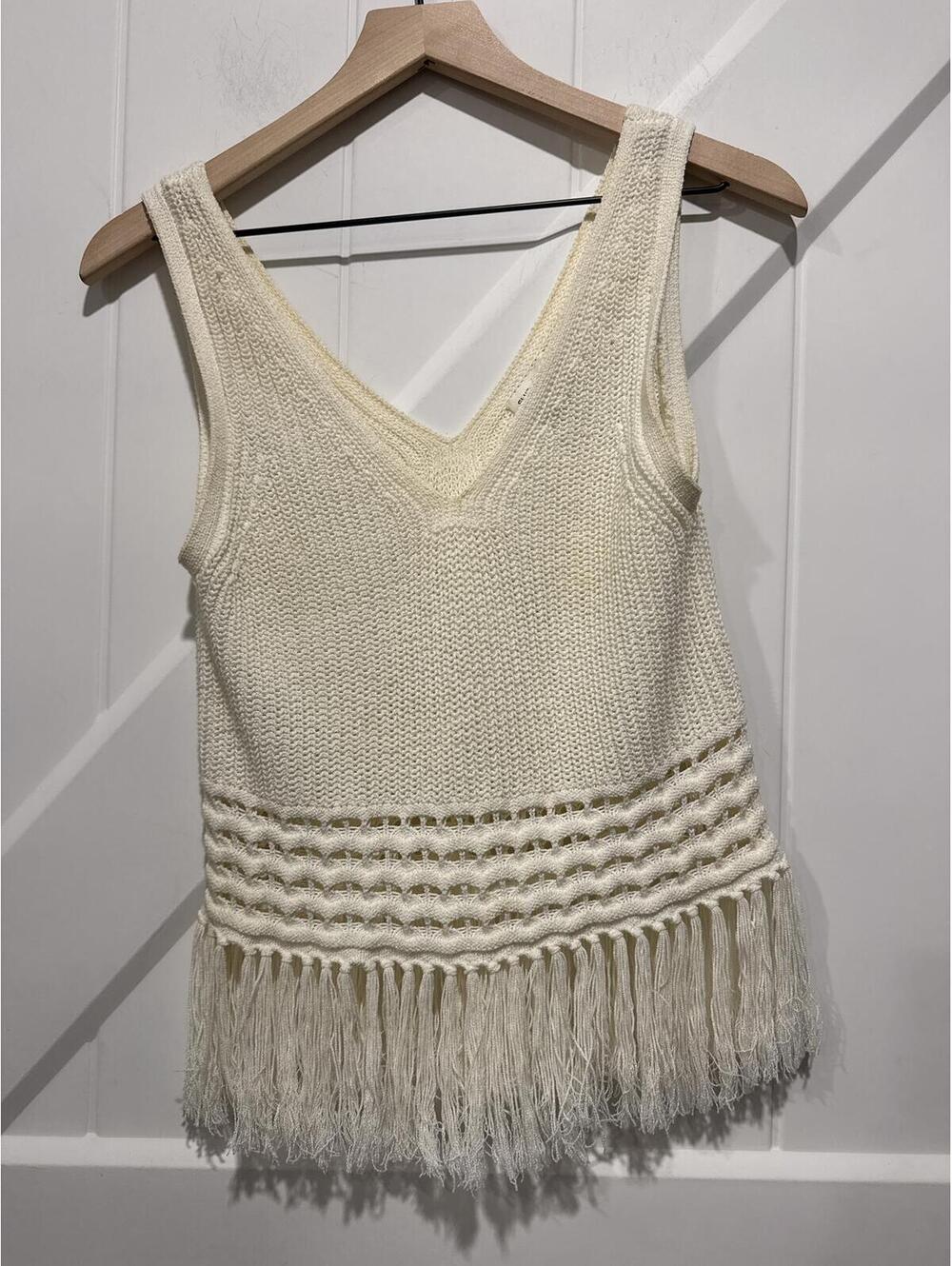 Club Monaco Italian Yarn Cream Boho Sleeveless Top with Fringe Detail, Size S